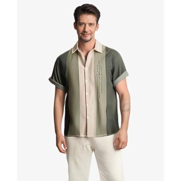 ❤️Men  Green Print Short Sleeve Hawaiian Fit Casual Button Down Beach Shirts - Picture 2 of 7